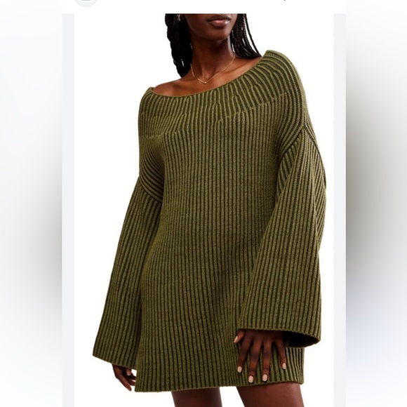 Free People Sweaters - Free People Boat Neck Olive Green Ribbed Knit Sweater Dress Small